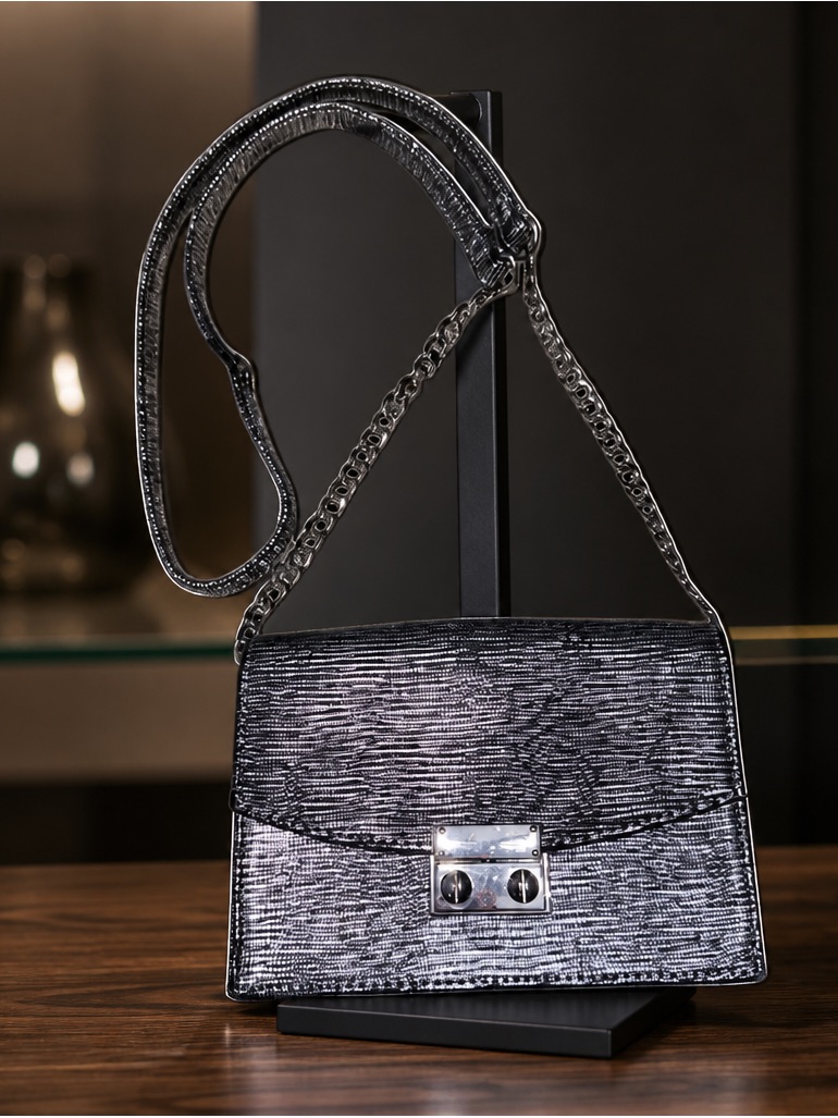 Express Metallic Silver Textured PushLock Crossbody Bag